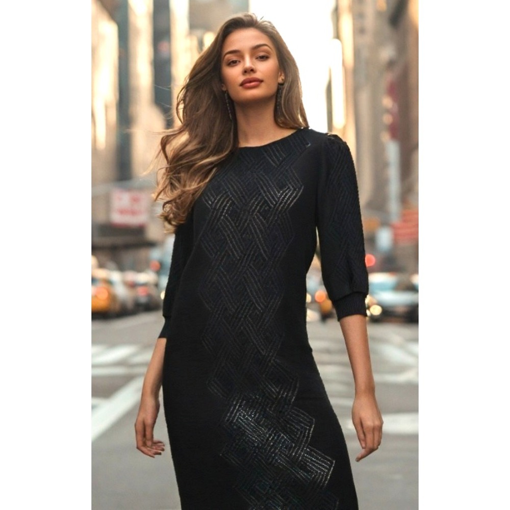 Vintage Savion Open Knit Midi Dress Sheer Center Puff Shoulder Black Size Large